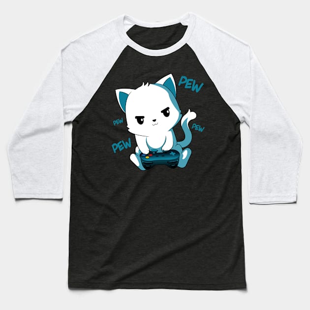 Gamer Cute Cat Kawaii Kitten Gaming Video Games Baseball T-Shirt by Graphic Monster